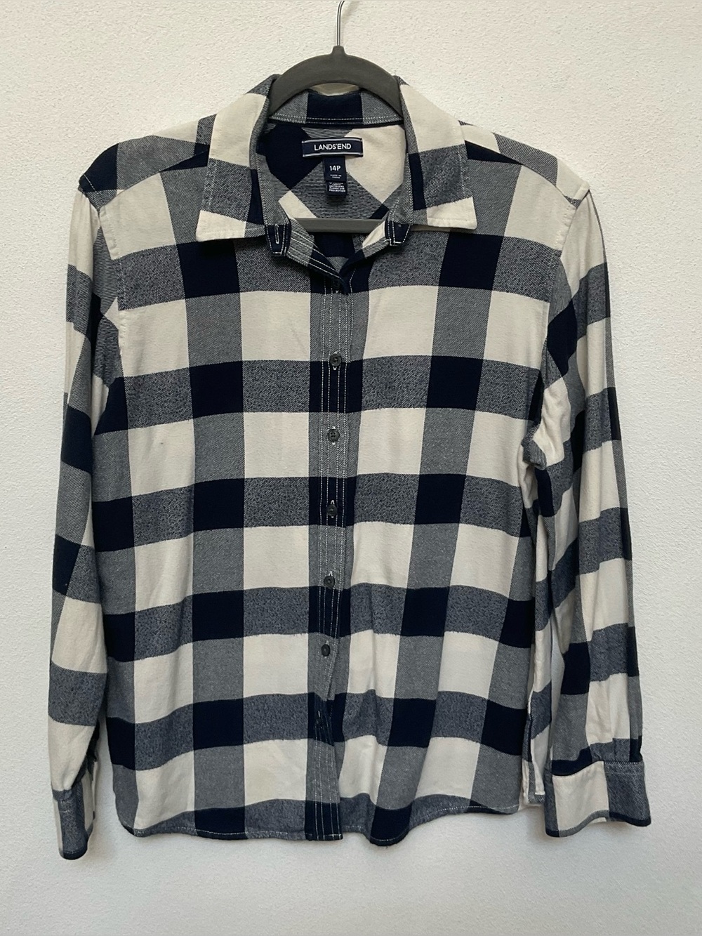 Lands' End Navy, Cream Buffalo Plaid Long Sleeve Button Down Top Size 14 Petite
